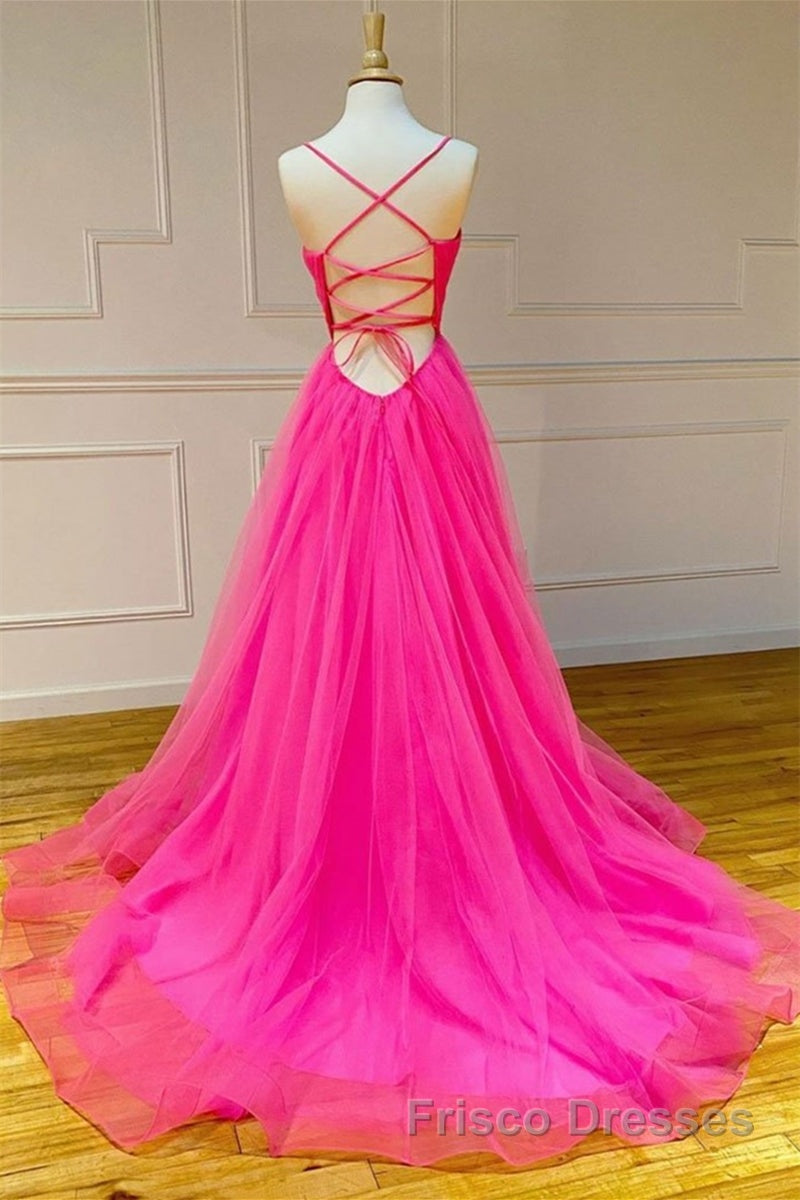 Stylish A Line V Neck Backless Hot Pink Long Formal Prom Dresses, Backless Hot Pink Formal Graduation Evening Dresses