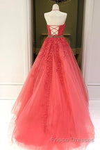 Stylish Backless Coral Lace Long Formal Prom Dresses, Coral Lace Formal Graduation Evening Dresses