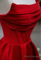 Stylish Red Satin Backless Pleated A Line Evening Gown Prom Dress
