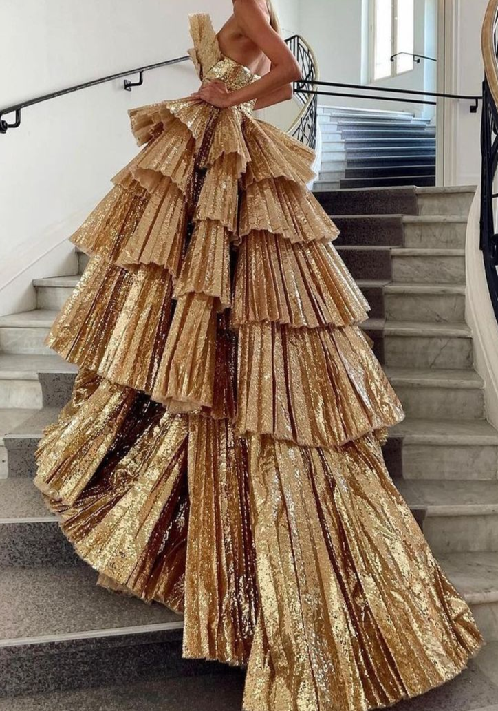 golden party dress for women Stylish Golden Tiered Ball Gown Long Evening Party Dress – Frisco Dresses