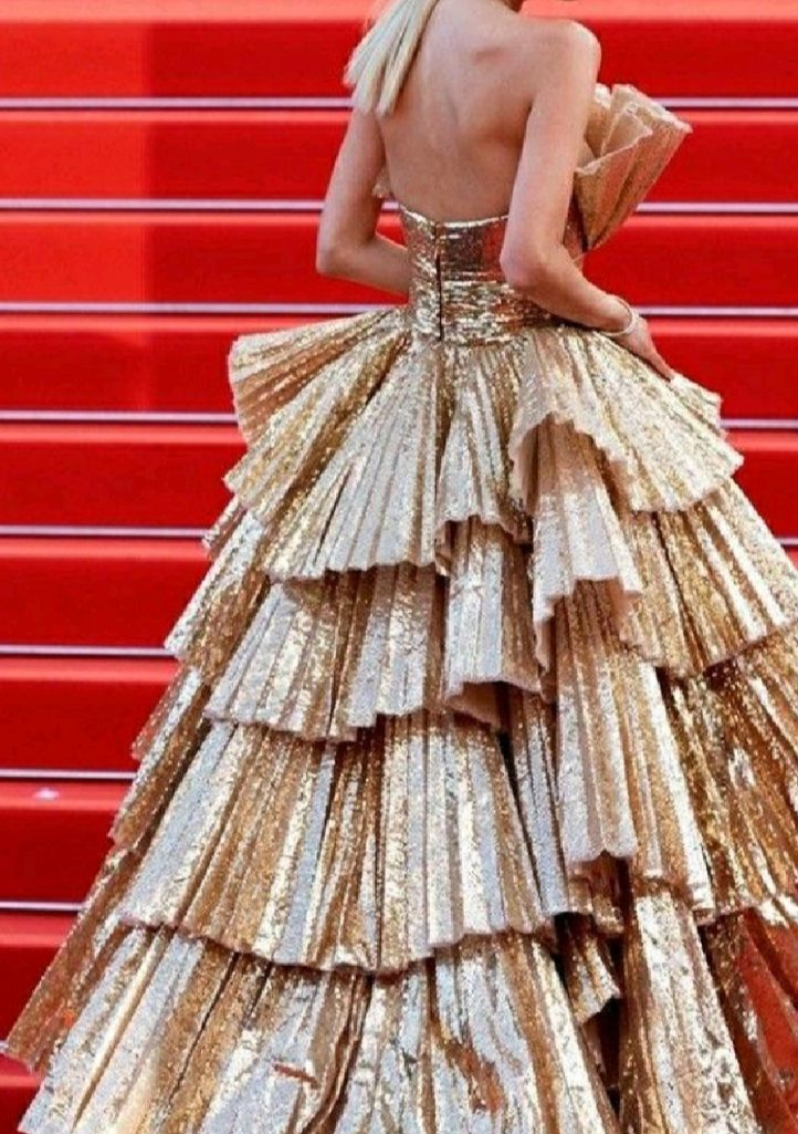 Stylish Golden Tiered Ball Gown Long Evening Party Dress – Frisco Dresses