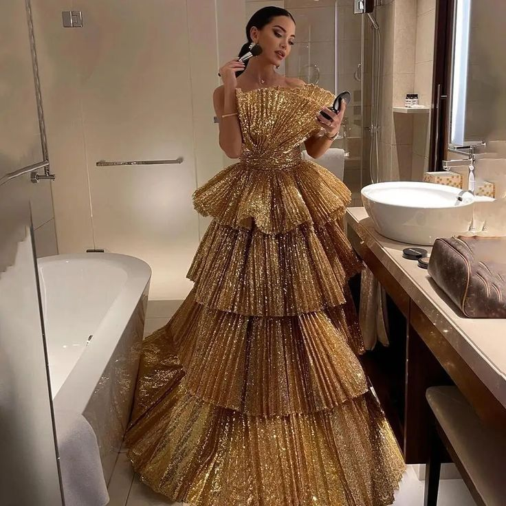 Stylish Golden Tiered Ball Gown Long Evening Party Dress Frisco Dresses Stylish Golden Tiered Ball Gown Long Evening Party Dress Frisco Dresses