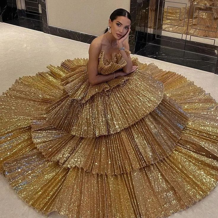 Stylish Golden Tiered Ball Gown Long Evening Party Dress Frisco Dresses Stylish Golden Tiered Ball Gown Long Evening Party Dress Frisco Dresses