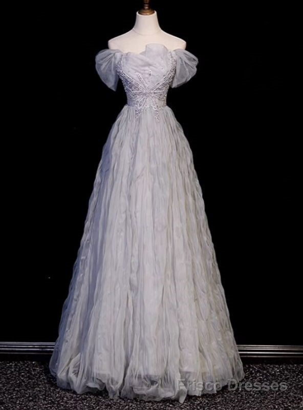 Stylish Gray Tulle Off the Shoulder Pleats Beading Prom Dress Main image