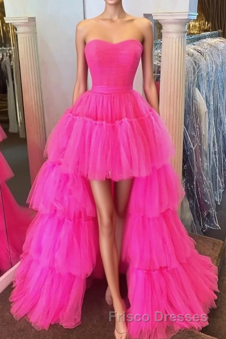 Stylish High Low Strapless Fuchsia Formal Prom Dress with Ruffles Main image