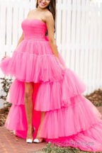 Stylish High Low Strapless Fuchsia Formal Prom Dress with Ruffles