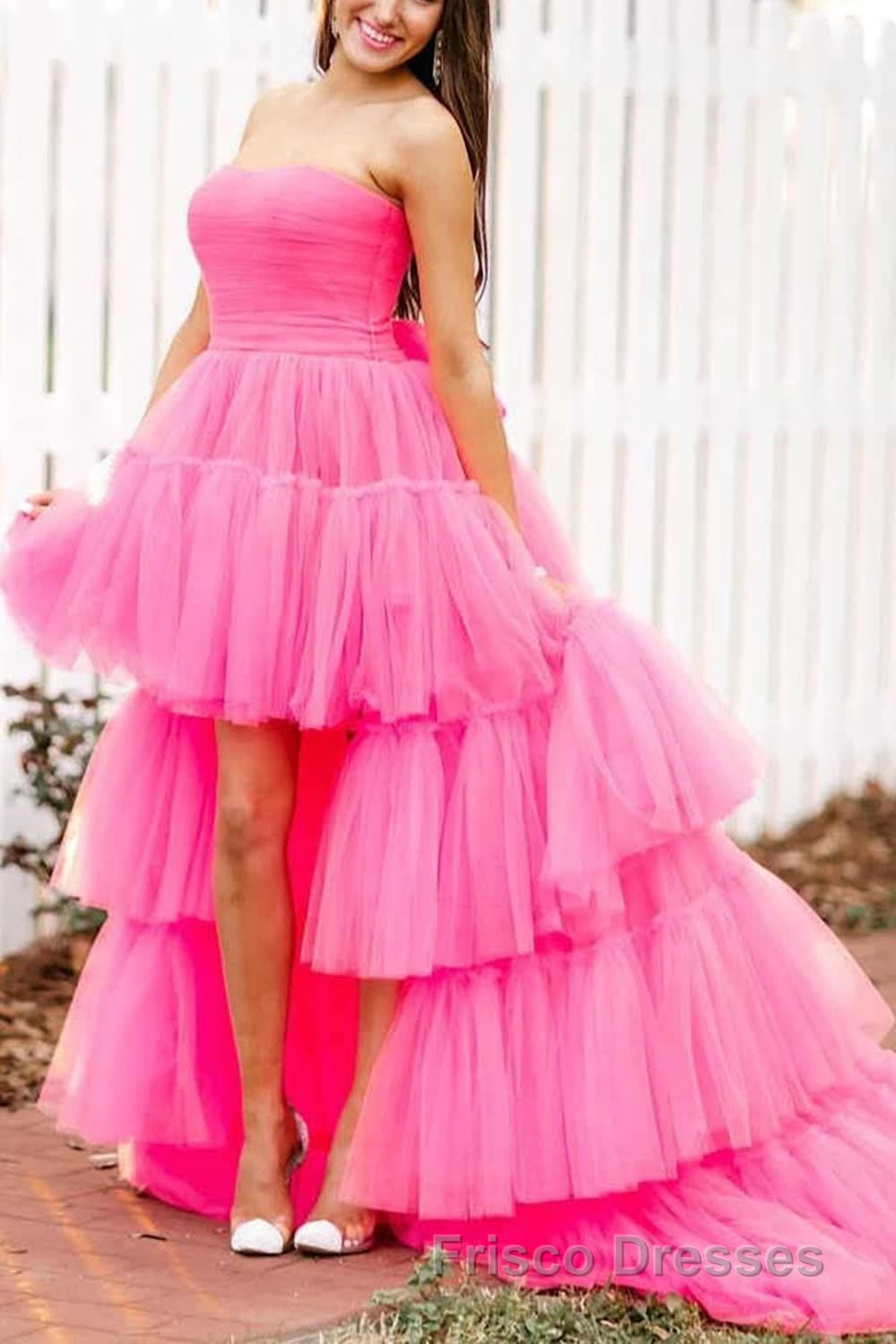Stylish High Low Strapless Fuchsia Formal Prom Dress with Ruffles