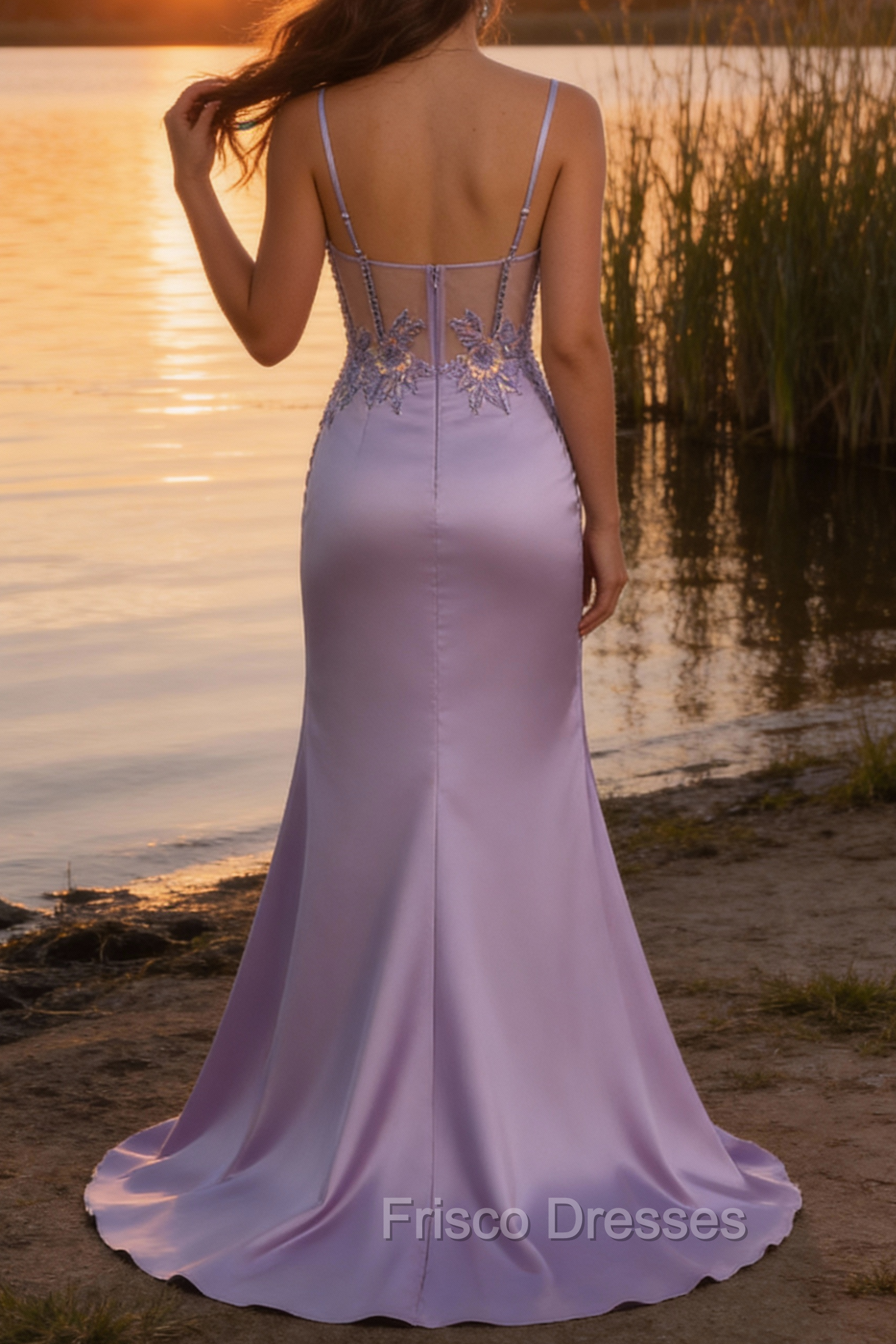 Stylish Lilac Mermaid Pleated Sequin Corset Long Prom Dress With Slit