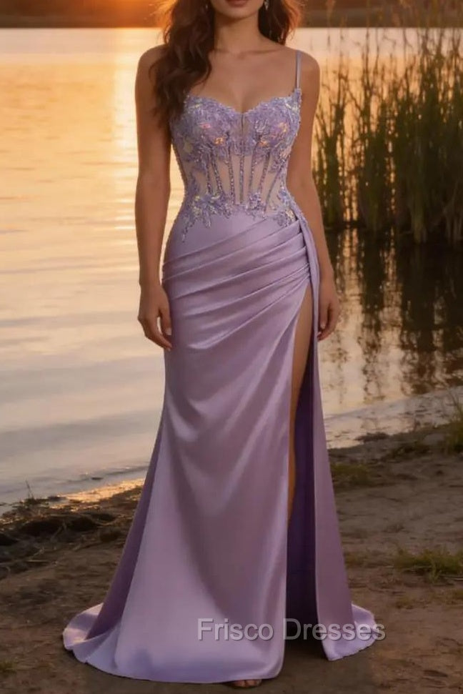 Stylish Lilac Mermaid Pleated Sequin Corset Long Prom Dress With Slit Main image
