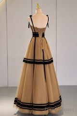 Stylish Tulle Long A-Line Prom Dress, Unique Spaghetti Strap Evening Dress