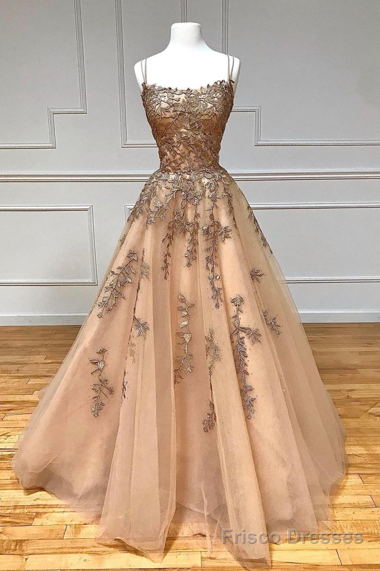 Stylish Tulle Long Prom Dress with Lace, A-Line Backless Formal Evening Dress