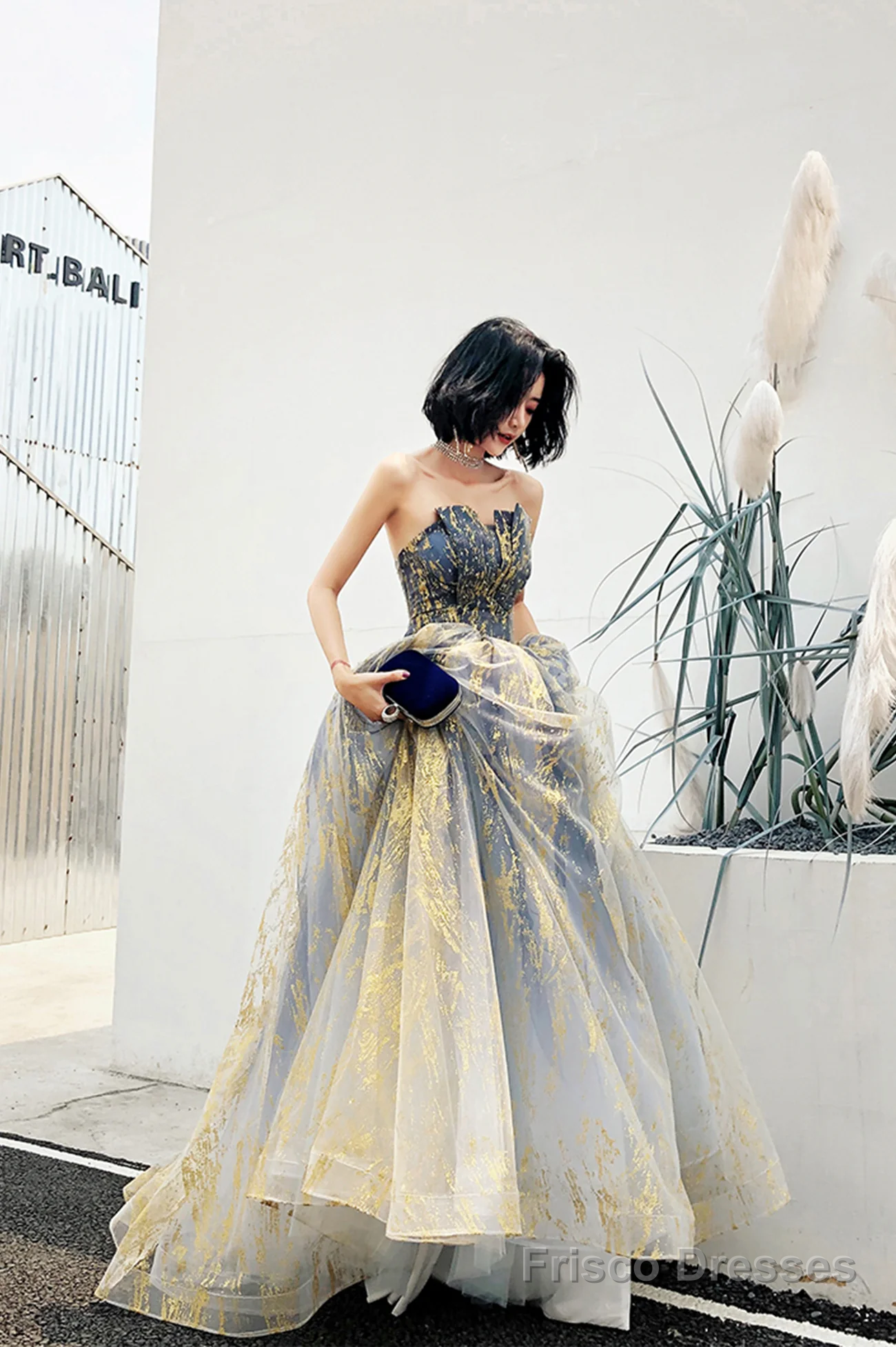 Stylish Tulle Sequins Long Prom Dress, A-Line Strapless Evening Party Dress Main image