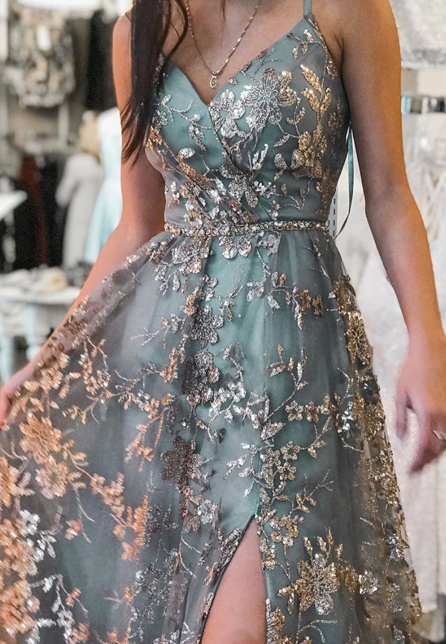 Stylish Tulle Sequins Long Prom Dresses, A-Line Formal Graduation Dresses