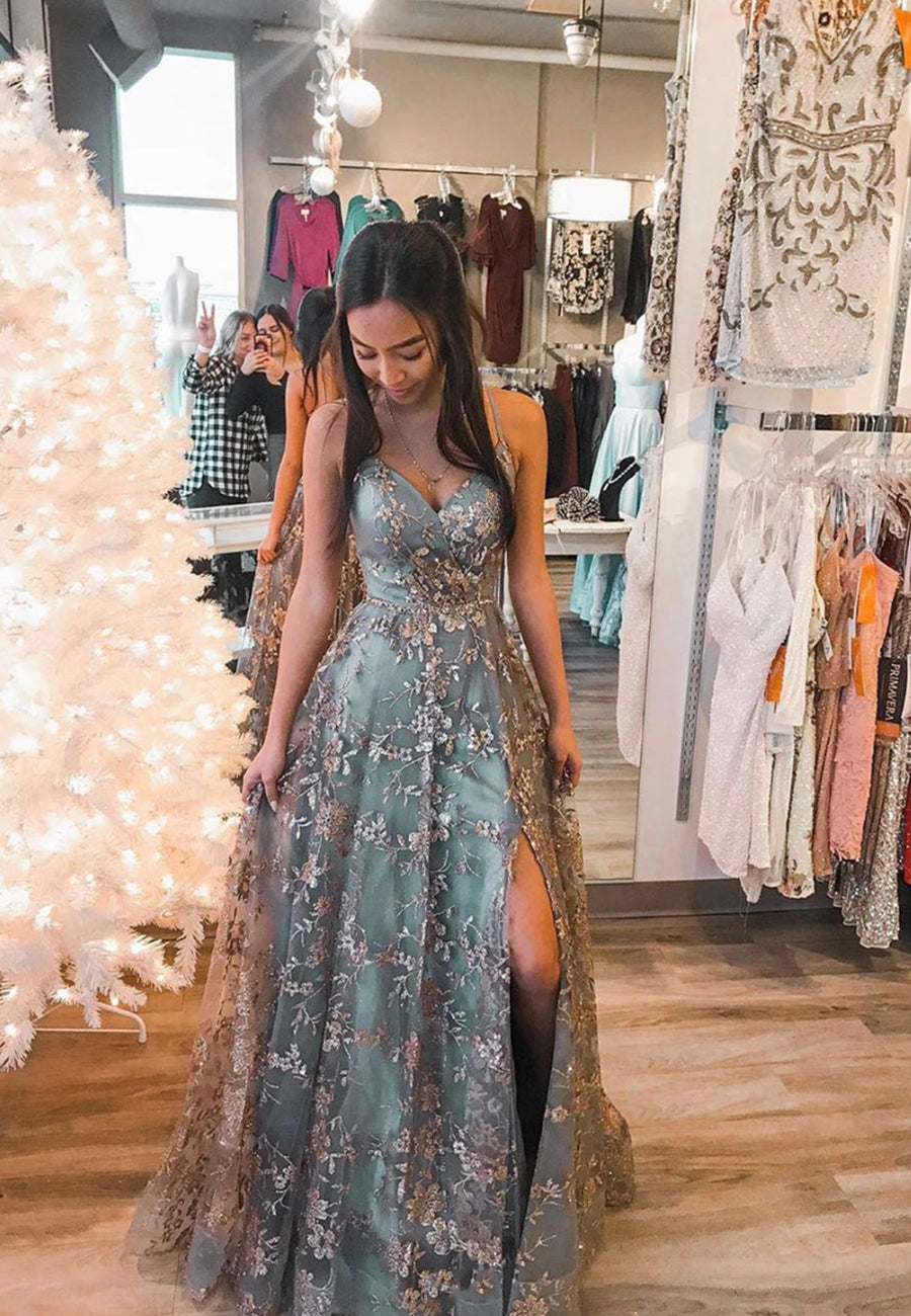 Stylish Tulle Sequins Long Prom Dresses, A-Line Formal Graduation Dresses Main image