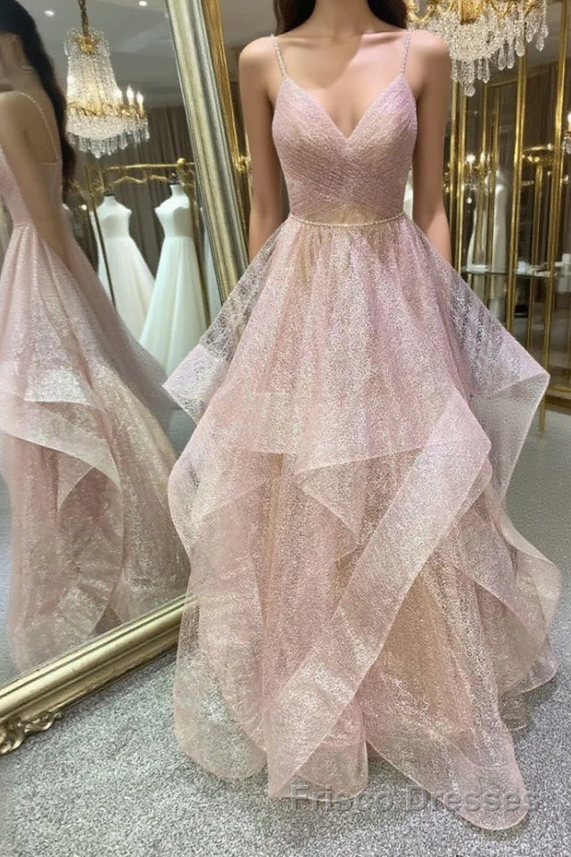 Stylish V Neck Backless Rose Gold Long Formal Prom Dresses, Backless Rose Gold Formal Dresses, Fluffy Rose Gold Evening Dresses Main image