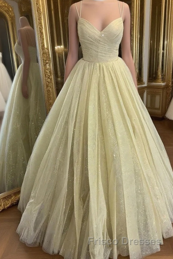 Stylish V Neck Open Back Yellow Formal Prom Dresses, Shiny V Neck Yellow Formal Evening Dresses, Sparkly Yellow Ball Gown