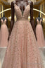 Stylish V Neck Pink Long Formal Prom Dresses with Stars Sequins, Long Pink Formal Evening Dresses