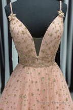 Stylish V Neck Pink Long Formal Prom Dresses with Stars Sequins, Long Pink Formal Evening Dresses