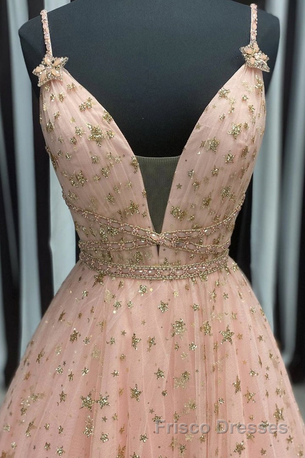 Stylish V Neck Pink Long Formal Prom Dresses with Stars Sequins, Long Pink Formal Evening Dresses