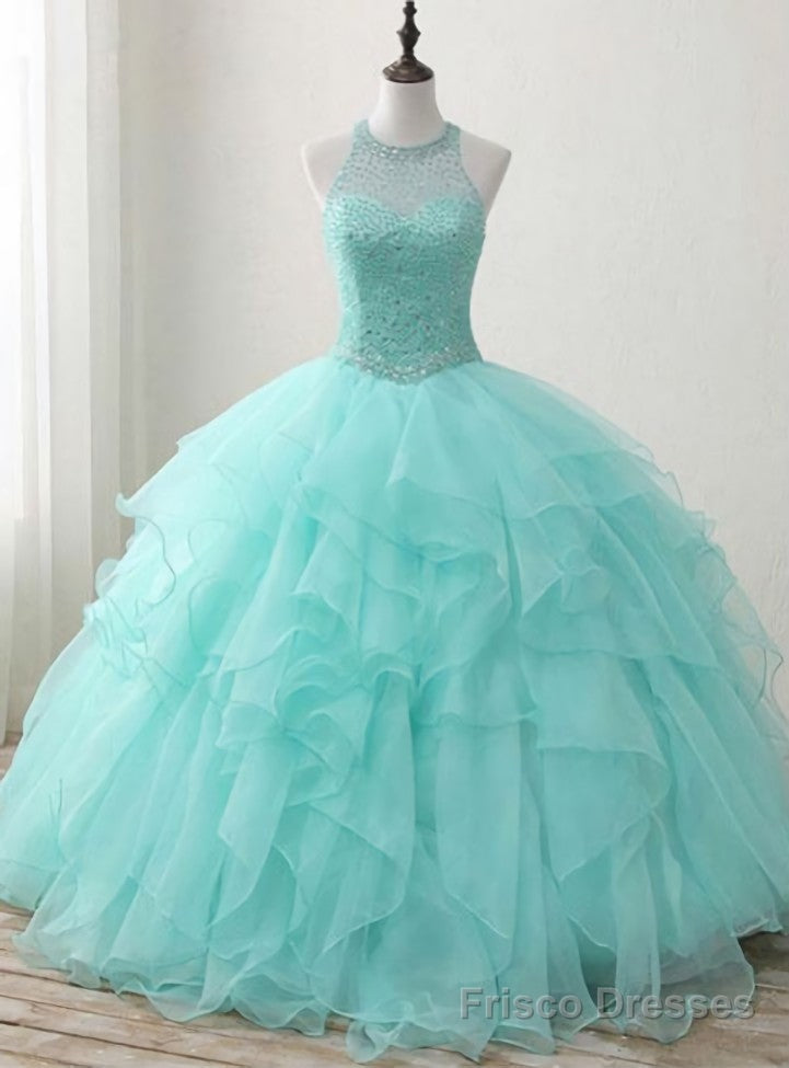 Sweet 16 Dress Green Round Neck Tulle Beads Long Prom Dress Main image