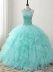 Sweet 16 Dress Green Round Neck Tulle Beads Long Prom Dress