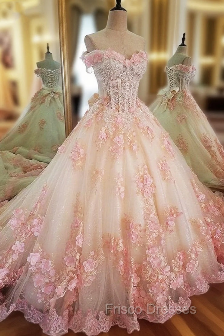 Sweet 16 Dress Pink Lace Floral Formal Prom Dress Ball Gown Off The Shoulder Elegant Beaded Luxury Formal Prom Gown Main image
