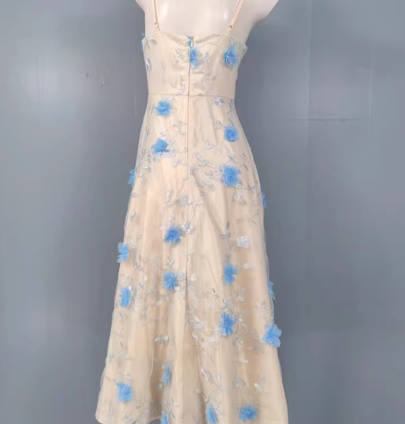 Sweet A-Line 3D Floral Embroidery Tulle Long Prom Dress Evening Dress