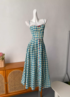 Sweet A-Line Blue Plaid Spaghetti Strap Long Prom Dress Evening Dress