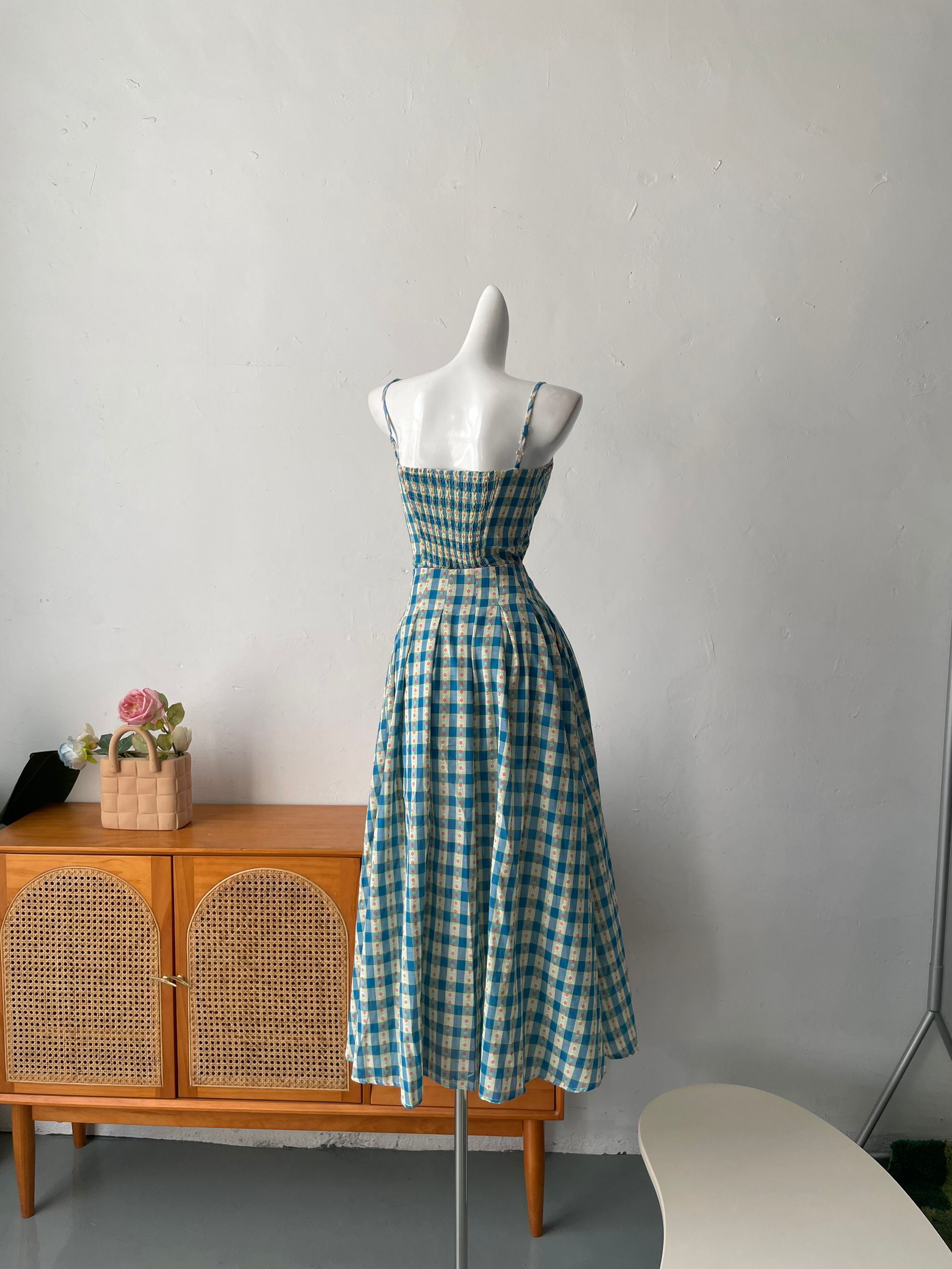 Sweet A-Line Blue Plaid Spaghetti Strap Long Prom Dress Evening Dress