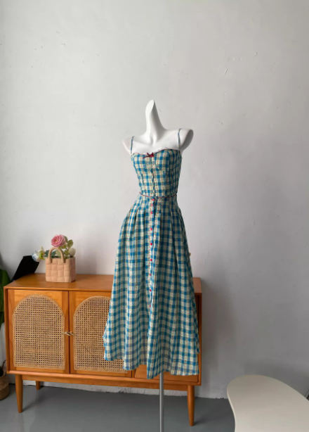 Sweet A-Line Blue Plaid Spaghetti Strap Long Prom Dress Evening Dress
