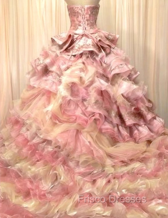 pink diamond wedding dress Luxury / Gorgeous Pearl Pink Wedding Dresses 2018 Ball Gown Lace Flower Appliques Beading Rhinestone Scoop Neck Long Sleeve Cathedral Train Wedding