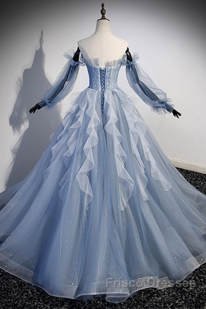 Sweet And Elegant Sky Blue Beaded Sequins Off The Shoulder Long Sleeved Ball Dress Sky Blue A-Line/Princess Strapless Backless Strap And Ground Length Formal Prom Dress