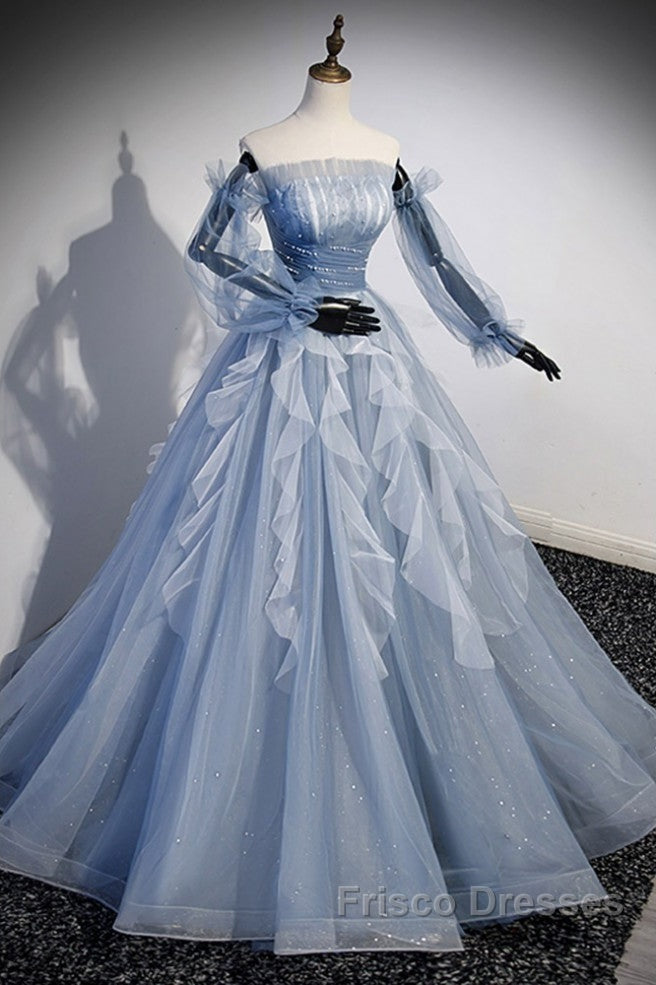 Sweet And Elegant Sky Blue Beaded Sequins Off The Shoulder Long Sleeved Ball Dress Sky Blue A-Line/Princess Strapless Backless Strap And Ground Length Formal Prom Dress