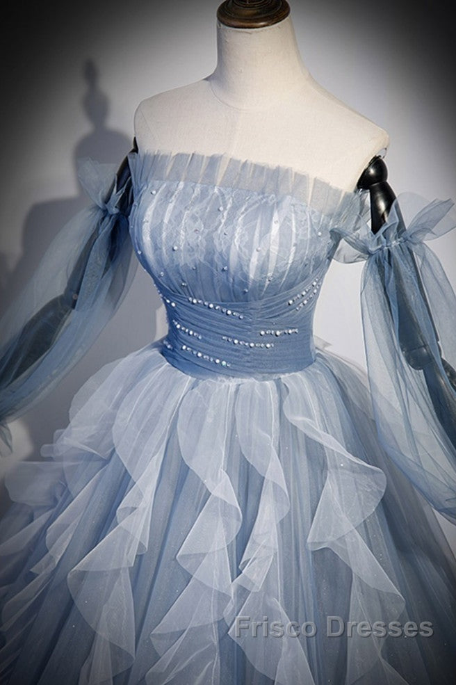 Sweet And Elegant Sky Blue Beaded Sequins Off The Shoulder Long Sleeved Ball Dress Sky Blue A-Line/Princess Strapless Backless Strap And Ground Length Formal Prom Dress
