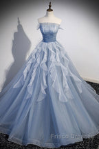 Sweet And Elegant Sky Blue Beaded Sequins Off The Shoulder Long Sleeved Ball Dress Sky Blue A-Line/Princess Strapless Backless Strap And Ground Length Formal Prom Dress