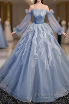 Sweet And Elegant Sky Blue Beaded Sequins Off The Shoulder Long Sleeved Ball Dress Sky Blue A-Line/Princess Strapless Backless Strap And Ground Length Formal Prom Dress