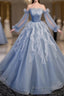 Sweet And Elegant Sky Blue Beaded Sequins Off The Shoulder Long Sleeved Ball Dress Sky Blue A-Line/Princess Strapless Backless Strap And Ground Length Formal Prom Dress