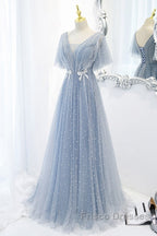 Sweet And Elegant Sky Blue Beaded Short Sleeved Sheer Ball Dress With Sky Blue A-Shaped Backless Strap And Ground Length Formal Prom Dress