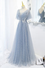 Sweet And Elegant Sky Blue Beaded Short Sleeved Sheer Ball Dress With Sky Blue A-Shaped Backless Strap And Ground Length Prom Dress