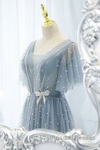 Sweet And Elegant Sky Blue Beaded Short Sleeved Sheer Ball Dress With Sky Blue A-Shaped Backless Strap And Ground Length Formal Prom Dress