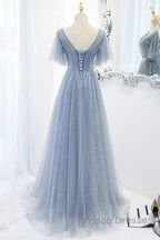 Sweet And Elegant Sky Blue Beaded Short Sleeved Sheer Ball Dress With Sky Blue A-Shaped Backless Strap And Ground Length Formal Prom Dress
