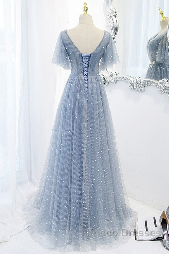 Sweet And Elegant Sky Blue Beaded Short Sleeved Sheer Ball Dress With Sky Blue A-Shaped Backless Strap And Ground Length Formal Prom Dress