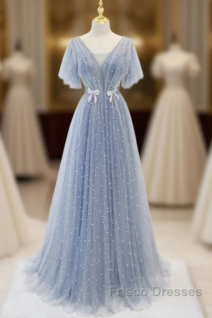 Sweet And Elegant Sky Blue Beaded Short Sleeved Sheer Ball Dress With Sky Blue A-Shaped Backless Strap And Ground Length Formal Prom Dress Main image
