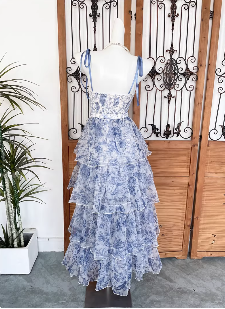 Sweet Blue And White Floral Printed Bow Ribbon Multi-Layered Tiered Chiffon Long Prom Dress Evening Dress Secondary image