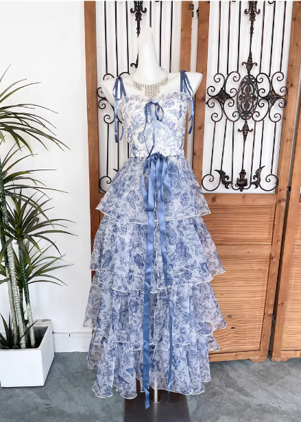 Sweet Blue And White Floral Printed Bow Ribbon Multi-Layered Tiered Chiffon Long Prom Dress Evening Dress Main image