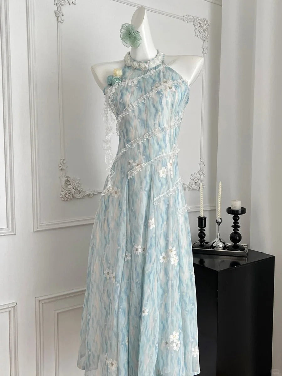 Sweet Blue And White Gradient A-Line Halter Neck Chiffon Long Prom Dress Evening Dress Secondary image
