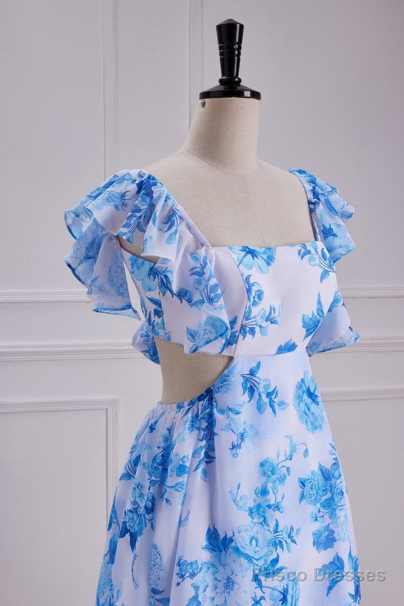 Sweet Blue Floral Print A Line Backless Ruffles Prom Dress