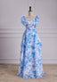 Sweet Blue Floral Print A Line Backless Ruffles Prom Dress