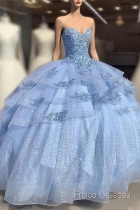 Sweet Blue Tulle Beaded Formal Prom Dress Ball Gown Quinceanera Dress Main image