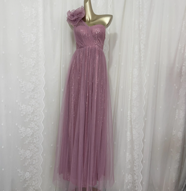 Sweet Blush Purple A-Line One-Shoulder 3D Floral Sequin Tulle Long Prom Dress Evening Dress